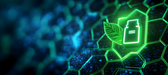 Innovative digital representation of green chemistry concepts using hexagonal patterns and eco-friendly symbols to promote sustainability.