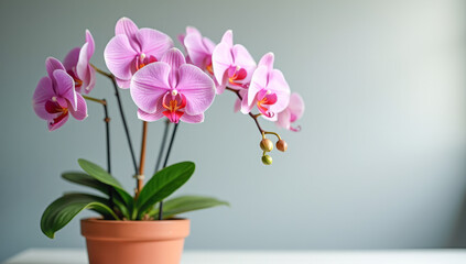 Obraz premium A blooming orchid in a pot against a gray concrete wall