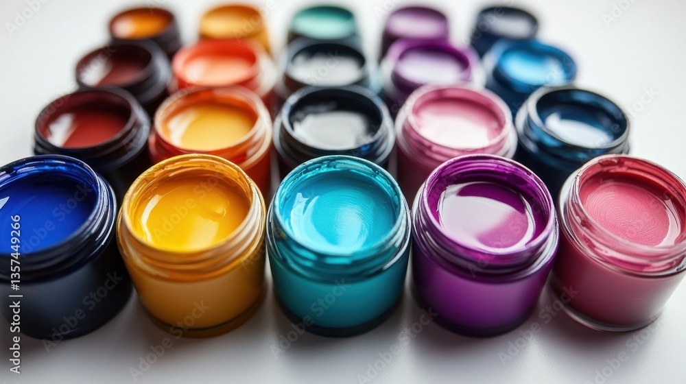 Poster array of vibrant paint colors in jars artistic expression creative palette colorful pigments close u