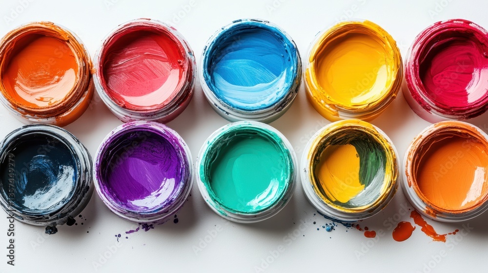 Poster Vivid assortment of colorful paints in open jars creating a vibrant artistic palette on white surface
