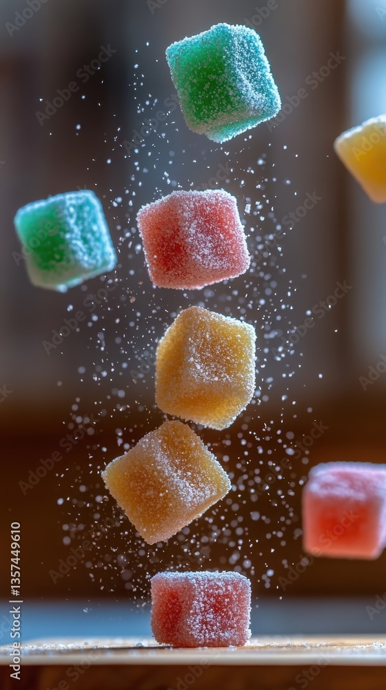 Poster colorful marmalade cubes with sugar falling in dynamic motion creating a sweet and vibrant compositi