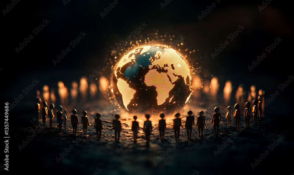 Poster a glowing globe is encircled by symbolic people figures, representing worldwide unity and connection