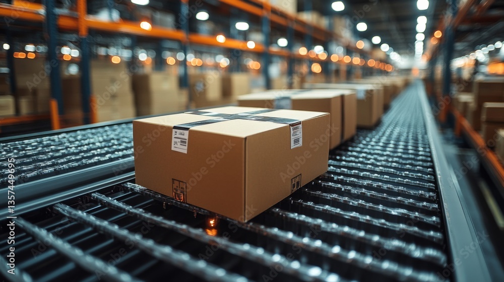 Aufkleber Advanced logistics facility operates a conveyor system moving packages for sorting and fulfillment, ensuring timely delivery during busy work hours.