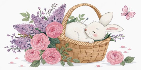 Illustration of a white bunny sleeping in a basket with flowers on a white background.