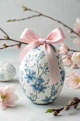 Porcelain egg with watercolor blue floral pattern. Easter egg with pink ribbon.