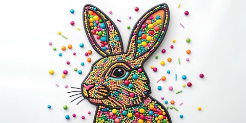 Bunny made of bright candies and sprinkles on a white background. Sweet bunny for Easter.