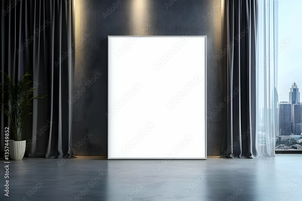 Poster modern interior with minimal design featuring a large blank canvas and city view through floor-to-ce