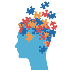 Colorful man´s head silhouette with puzzle pieces scattering from head symbolizing mental health awareness.