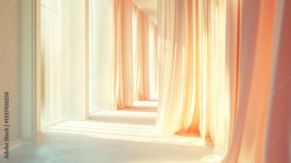 Poster serene corridor bathed in bright light casting soft shadows on flowing curtains creating a warm ambi