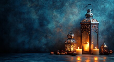 Fototapeta premium Ornate Lanterns Glow with Candles and Dates for Ramadan Decoration
