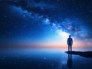 Silhouette of a person gazing at the starry sky over water  