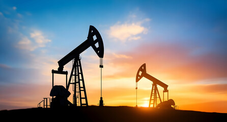 Silhouetted oil pumps against a vibrant sunset, showcasing the energy industry's impact on landscapes and economies.
