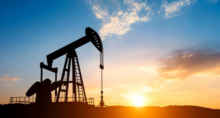 Silhouette of an oil pump jack at sunset, symbolizing energy production and industrial progress in a natural setting.