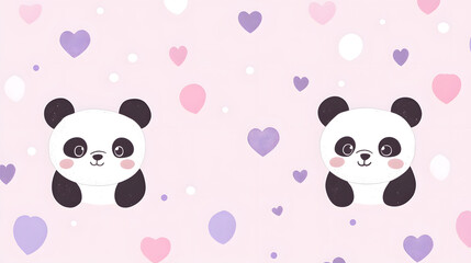 Adorable Panda Love: Two charming pandas amidst a delightful scatter of hearts and polka dots, creating a cute, soft-toned, romantic illustration.