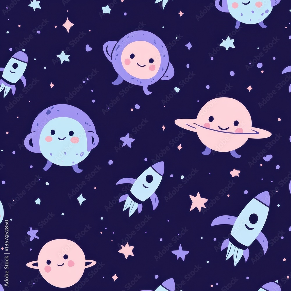 Poster seamless baby pattern bursting with cheerful planets, smiling astronauts, and playful rockets in vib