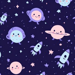 Seamless baby pattern bursting with cheerful planets, smiling astronauts, and playful rockets in vibrant blue and purple tones Generative AI