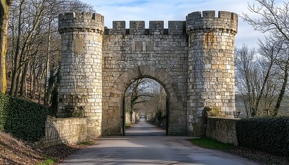 Stone Castle Gateway, Road, Trees, Winter