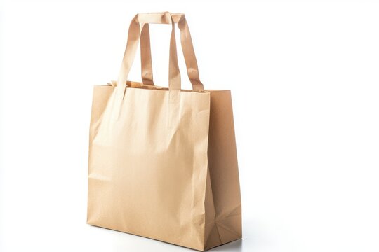 Upright Brown Paper Grocery Bag with Folded Top on White Background