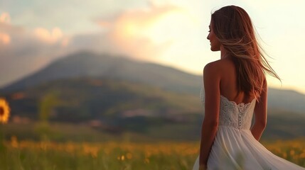 Bride in White Dress Gazing at Scenic Mountain Landscape