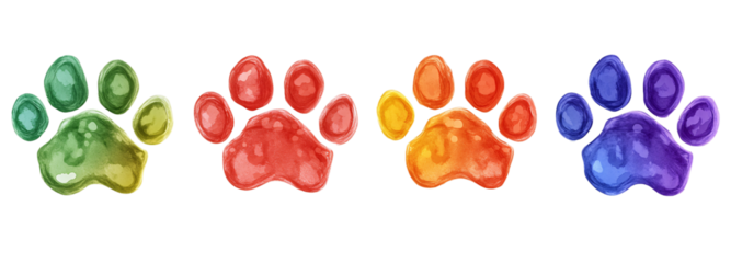 Set of colorful dog paw prints, isolated on a white background
