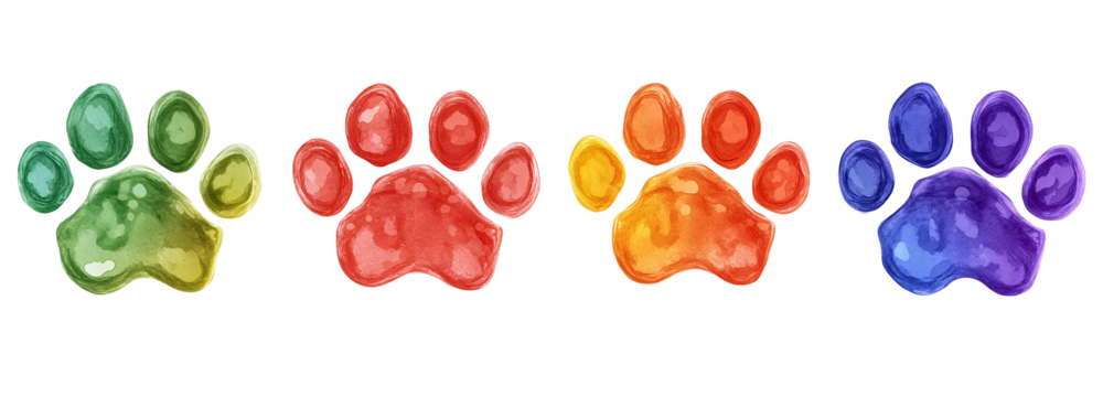 Set of colorful dog paw prints, isolated on a white background