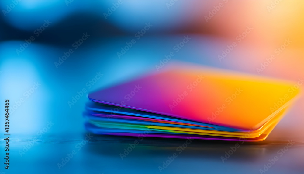 Poster vibrant and colorful layers of cards arranged artistically to create an abstract background, ideal f