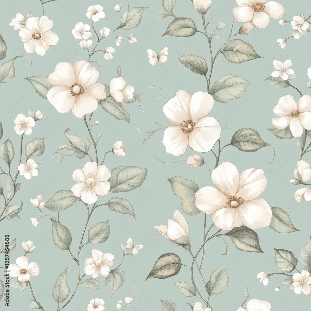 Aufkleber Delicate spring flowers and tiny butterflies on a seamless vintage pattern in soft pastel tones Generative AI