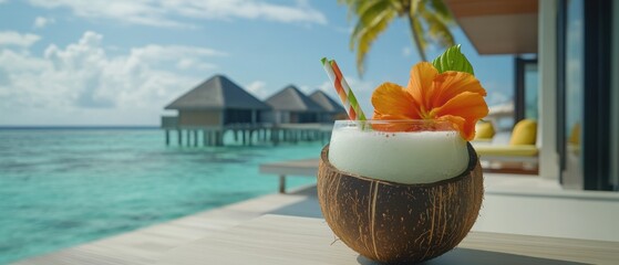 Tropical cocktail in coconut shell with hibiscus flower at luxury resort overwater bungalow view