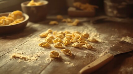 homemade tortellini on wooden table, pasta dough, Italian cuisine, pasta dough