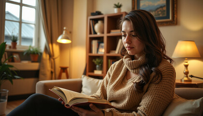 Fototapeta premium Woman reading a book with focus in a cozy living room 