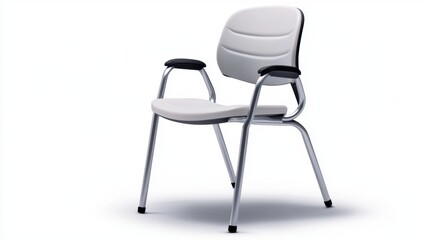 Obraz premium A modern white chair with a sleek design, featuring armrests and a chrome frame, suitable for various settings.