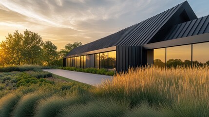 A sleek, angular house with a black metal gable roof and large rectangular windows, surrounded by a minimalist garden featuring tall grasses and low-lying shrubs