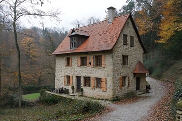 Fototapeta premium Stone house, autumn woods, path