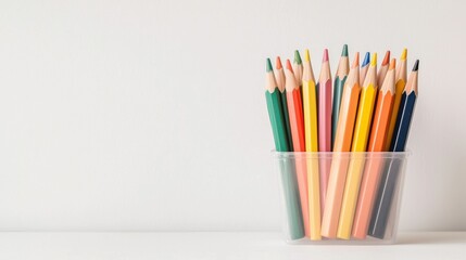 Fototapeta premium A clear container holds a vibrant collection of colored pencils, arranged with their tips pointed upward against a minimalistic background.