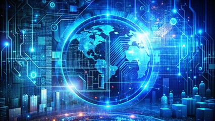 Fototapeta premium Digital World: An intricate illustration of the digital realm, showcasing a glowing globe encircled by circuit board patterns and data streams.