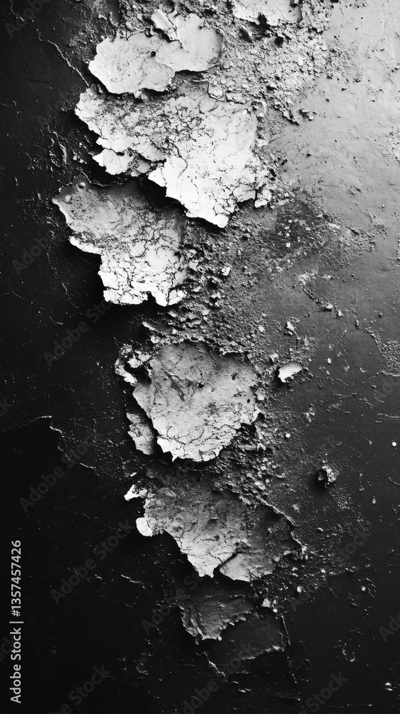 Poster dramatic monochrome texture showcasing peeling paint on a dark surface creating an abstract pattern 