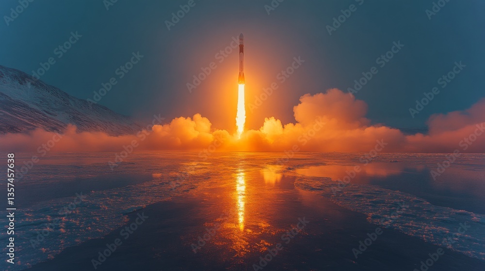 Poster A rocket is lifting off from its launch pad during twilight, with bright flames and smoke trailing behind. The reflection of the launch is visible on the frozen surface of the water.