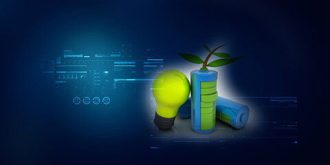 3d rendering Electrical energy and power supply source concept, accumulator battery with cfl bulb