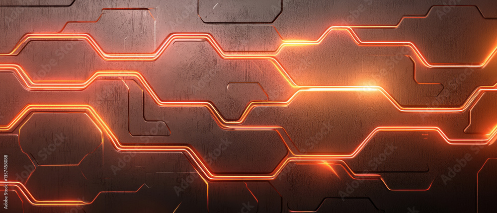 Poster futuristic design featuring glowing neon edges on textured surface, creating vibrant and dynamic atm