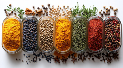 Minimalistic spice arrangement with neatly organized herbs and seasonings in a balanced flat lay composition. Aesthetic and modern culinary styling perfect for food photography, branding, and recipe v