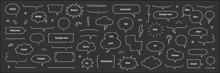 Line frame text speech bubble set. Chalk line balloon frame design talk speech bubble frame. Comic japan style design chalkboard text dialog balloon, simple doodle cloud, box border. Vector