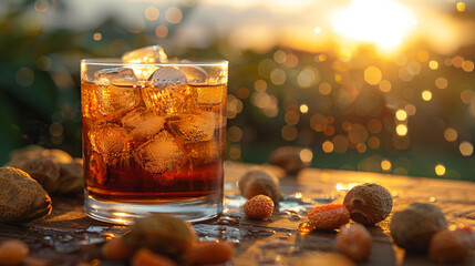 Chilled glass of Tamr Hindi (Tamarind Juice) with ice cubes, condensation droplets, and tamarind pods scattered on a wooden surface in warm sunset lighting.
