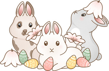Bunnies with easter eggs and flowers, colorful spring illustration