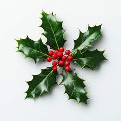 Festive Holly Leaves and Red Berries on White Backdrop for Christmas Holiday Season Celebration