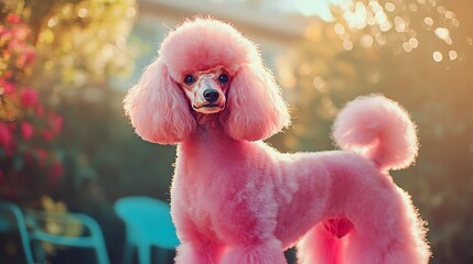 Majestic Poodle Posing in Lush Green Garden with Fluffy Fur and Golden Sunset Glow