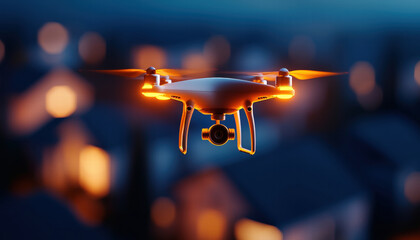 drone hovers above neighborhood night, illuminated by soft lights, creating serene atmosphere