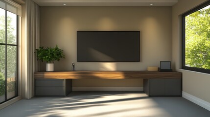 A sleek, minimalist home office with a grey and walnut wood color scheme