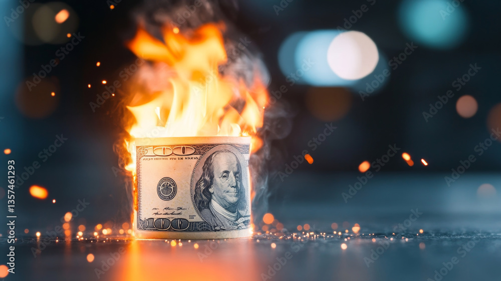 Poster an image portrays a roll of cash engulfed in flames, symbolizing the instability of financial assets