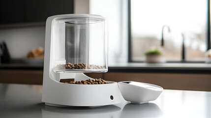 Modern Pet Feeder: A sleek, minimalist design of an automatic pet feeder, showcasing a blend of modern technology with everyday convenience, promises a hassle-free way of feeding pets.