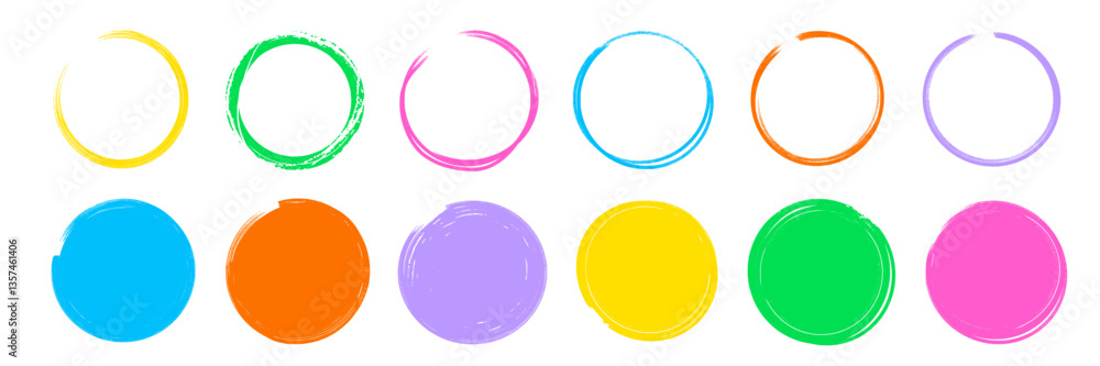 Aufkleber Brush color paint texture circle hand drawn element set. Hand drawn brush stroke round stamp line frame. Texture stroke circle background. Abstract stain grunge style. Vector illustration